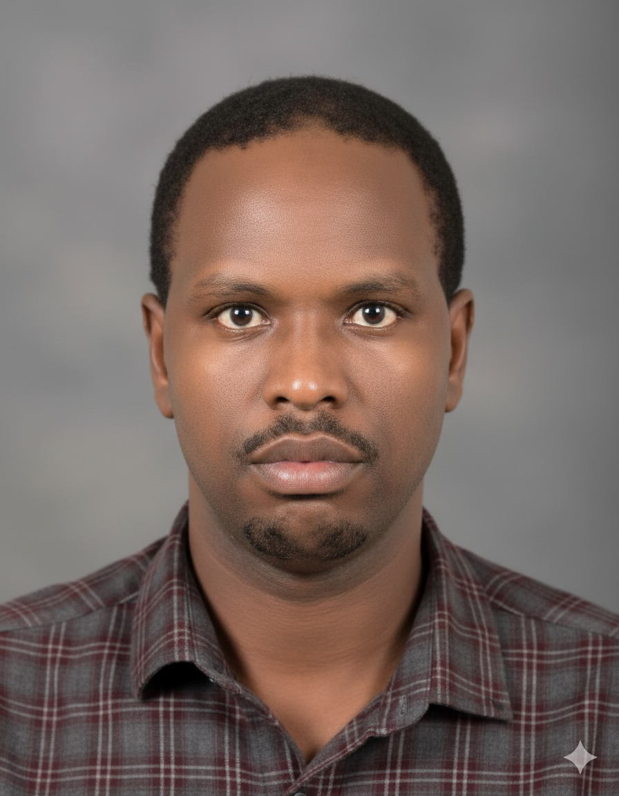 A front-facing portrait of a man with short hair and a slight facial beard, wearing a plaid shirt against a blurred gray background.