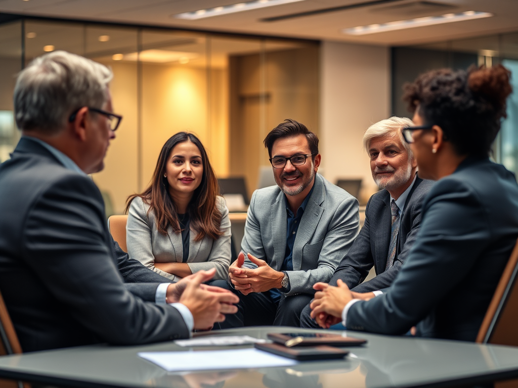 A professional conversation between two individuals in an office setting during sunset. One person, seated, is smiling and engaged in discussion, while the other gestures as they speak.