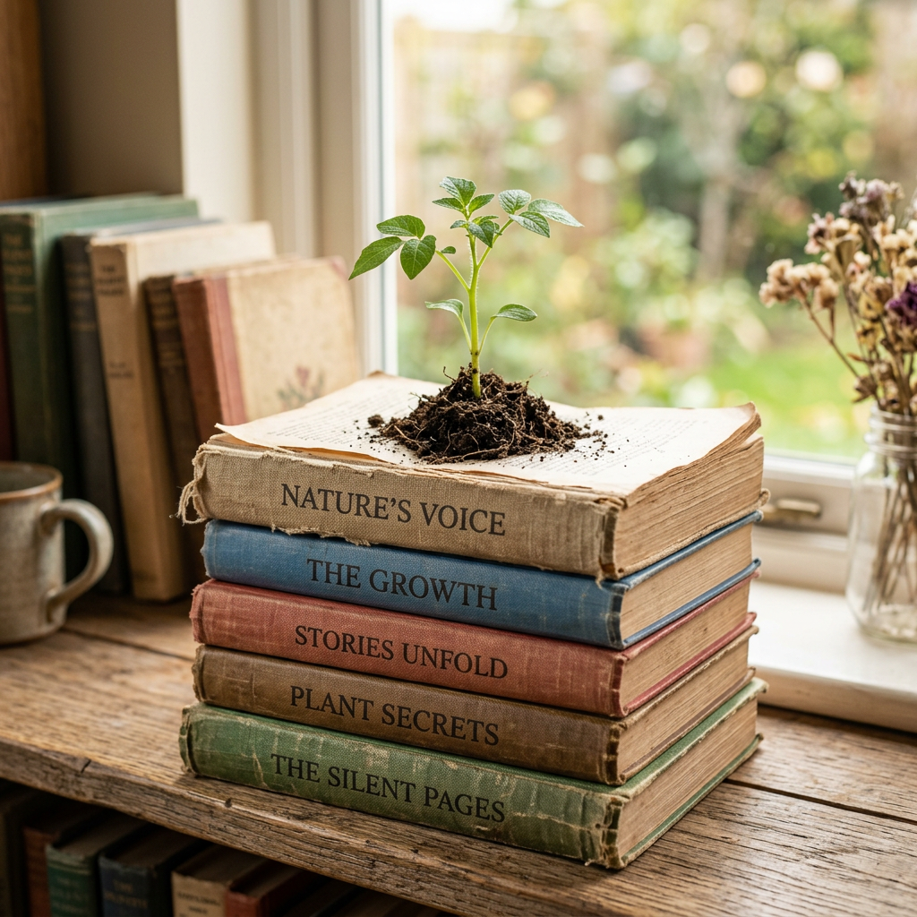 A small green plant sprouting from soil on an open book atop a stack of books
