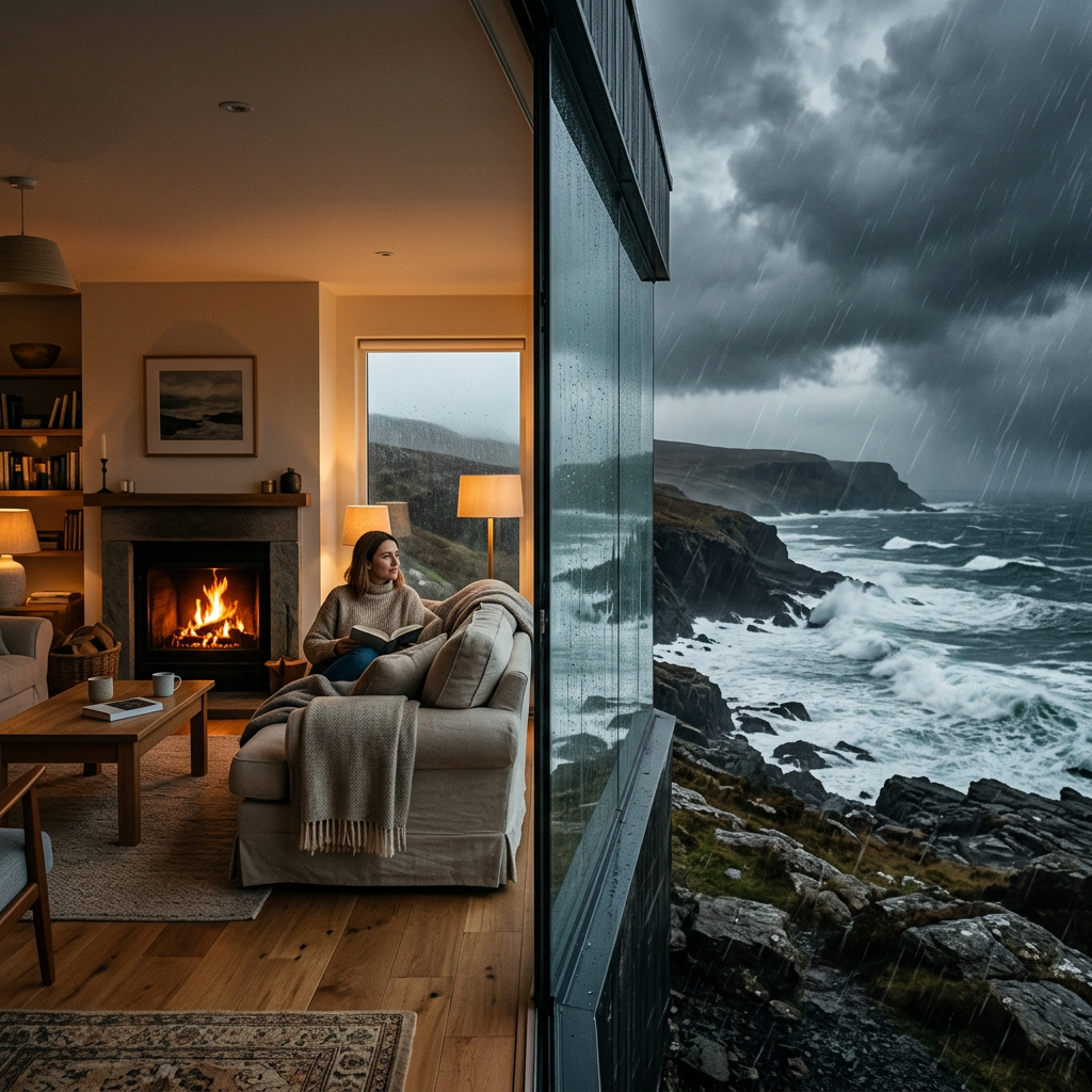Woman reading on a couch by a fireplace with stormy ocean visible through large window