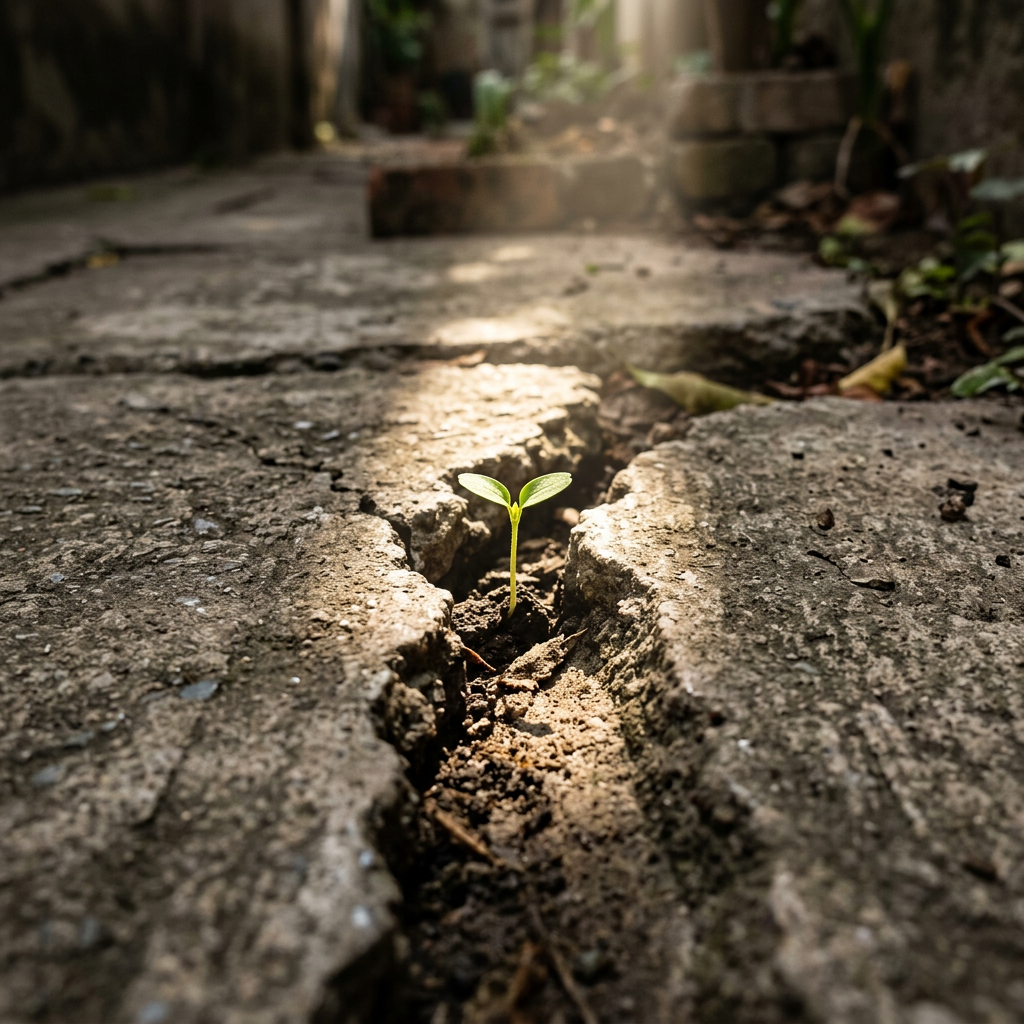 Young green seedling sprouting from soil in a crack of rough concrete pavement