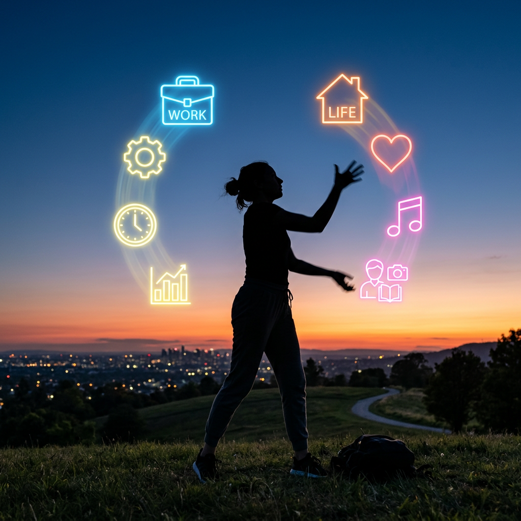 Silhouette of a person juggling neon icons of work and life concepts at sunset