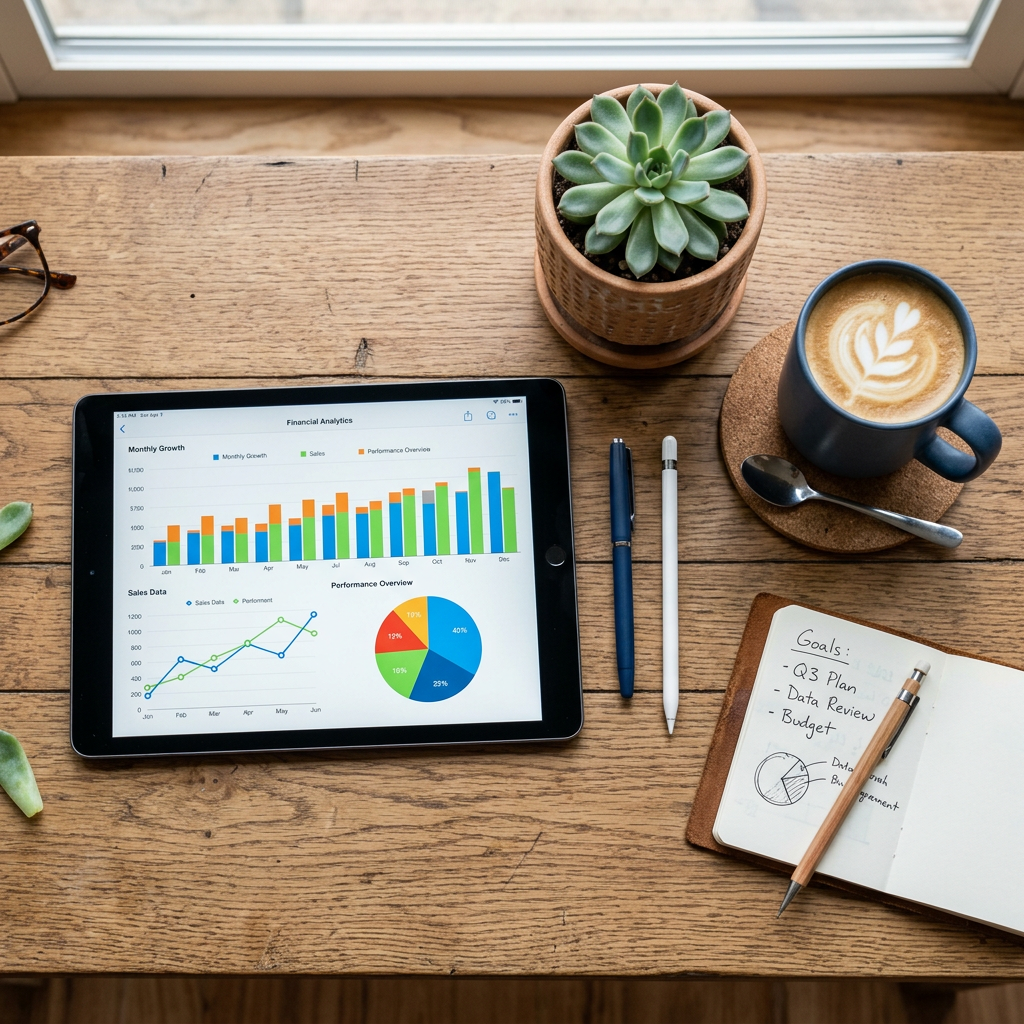 Tablet displaying financial analytics charts, notebook with goals, pens, succulent plant, and coffee cup