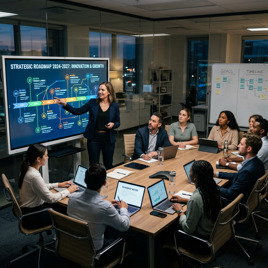 Team meeting with presenter explaining strategic roadmap on large screen