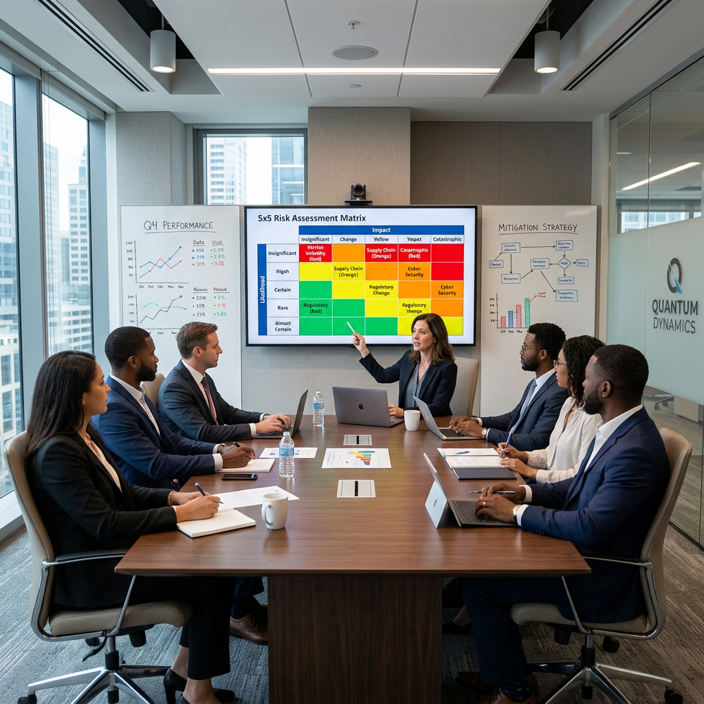 Business professionals around conference table discussing a 5x5 risk assessment matrix on a screen