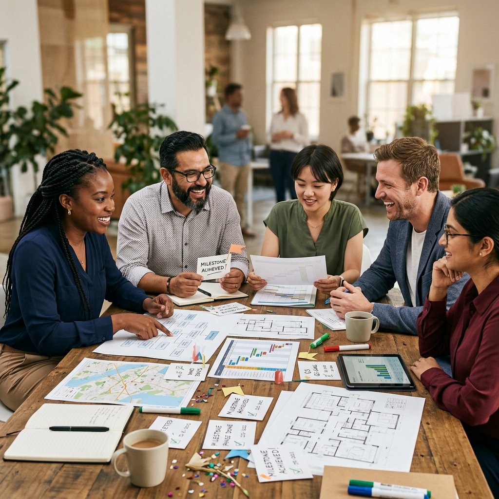 Diverse team reviewing project plans while holding a "MILESTONE ACHIEVED" sign