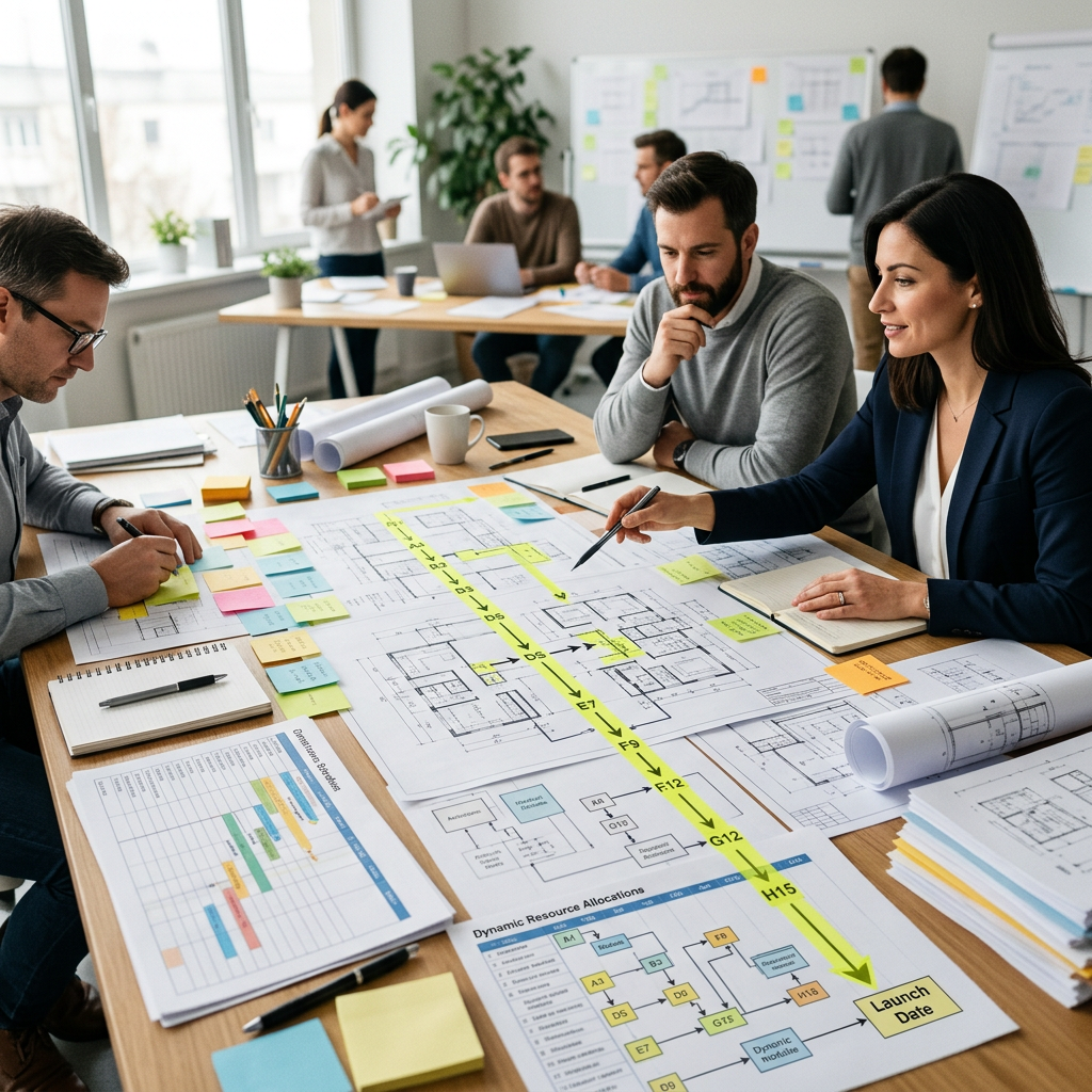 Project team reviewing plans with a timeline ending at Launch Date