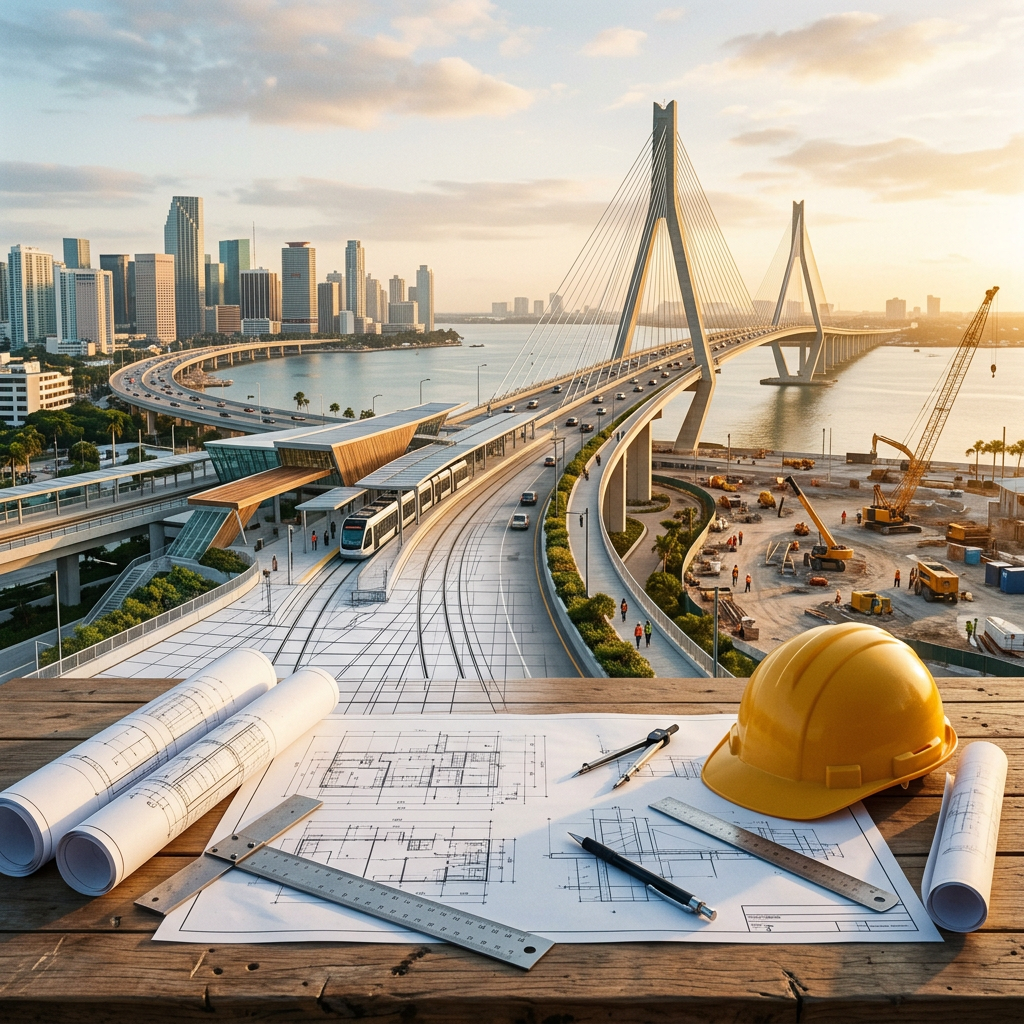 Architectural plans and hard hat overlooking a cable-stayed bridge and city skyline