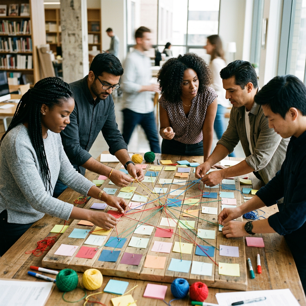Six people collaboratively mapping ideas with notes and colored strings