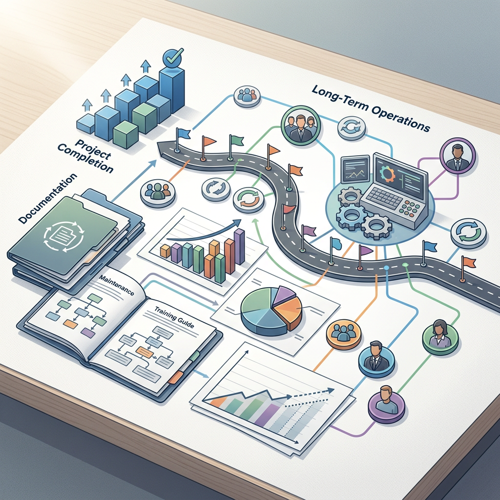 Project Completion, Documentation, Long-Term Operations, Maintenance, and Training Guide connected by a project roadmap