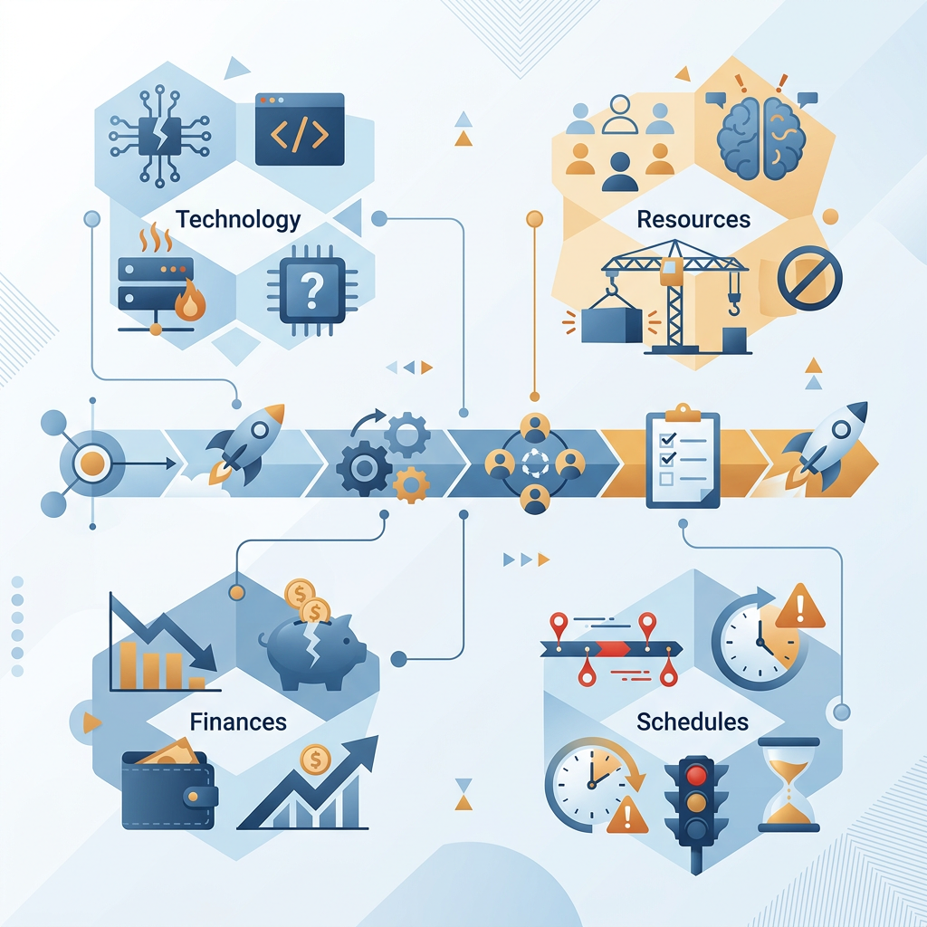 Infographic connecting technology, resources, finances, and schedules through a project roadmap